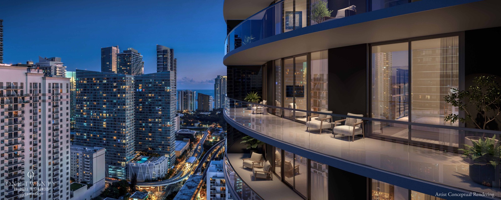 Private balcony with skyline views over Brickell and Biscayne Bay.