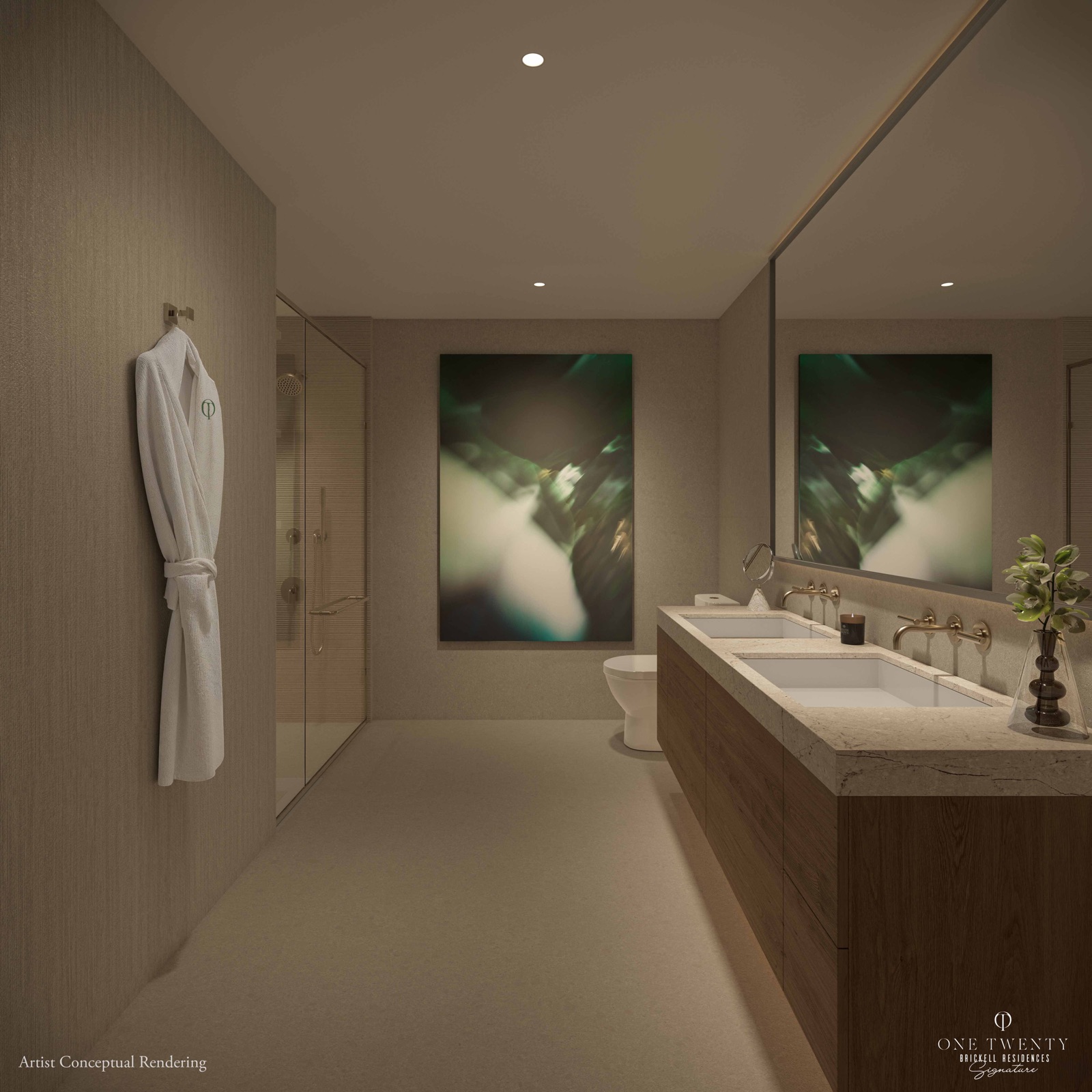Spa-inspired bathroom with Waterworks fixtures and custom Italian cabinetry.