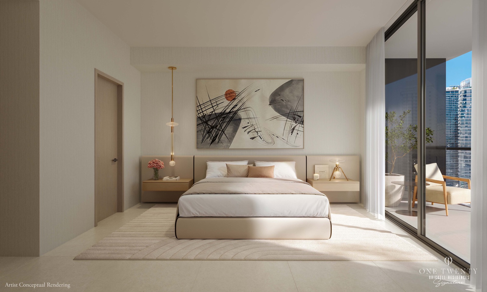 Primary bedroom with full-height glass framing Brickell skyline views.