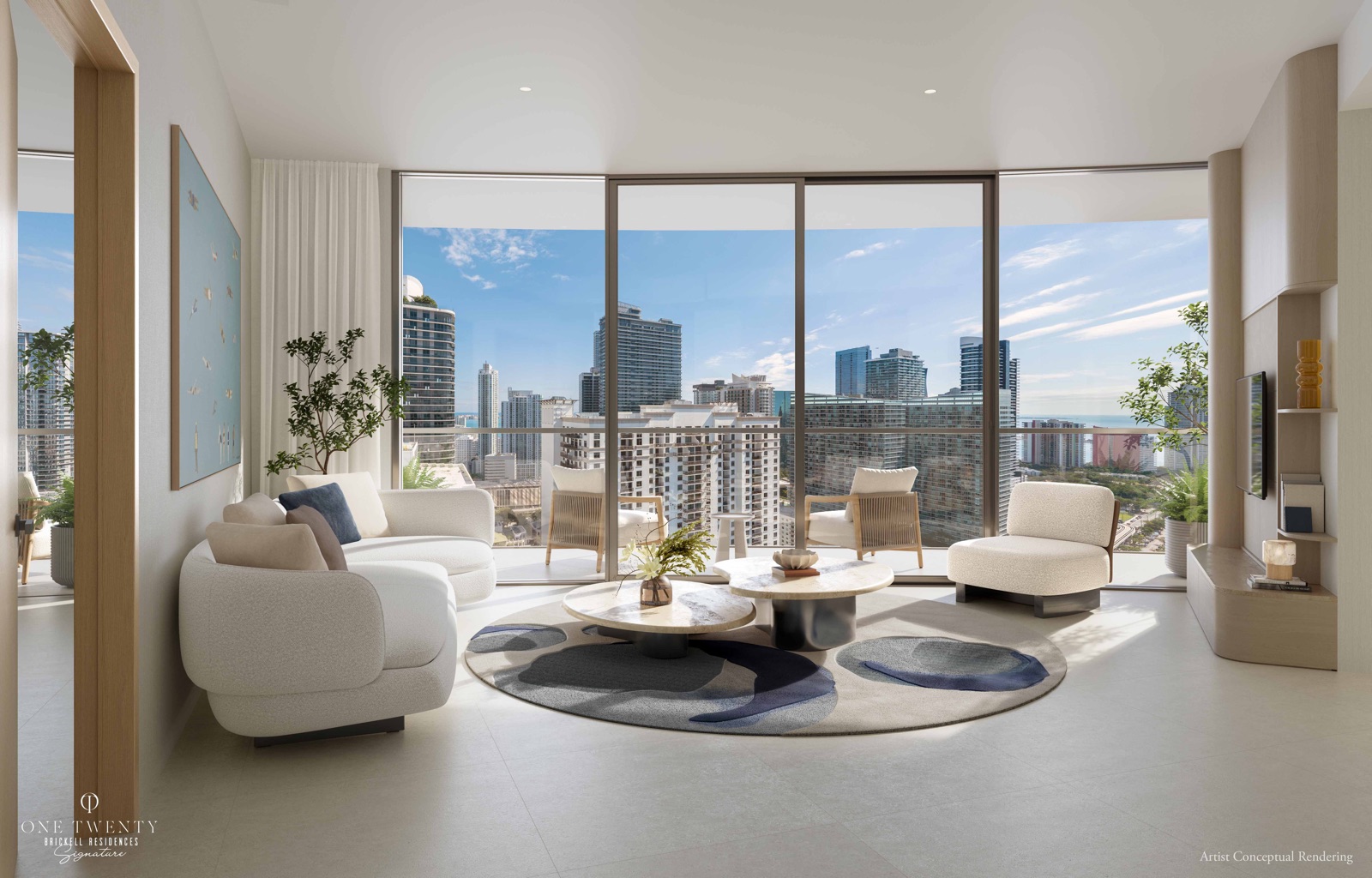 Signature Residence great room — light-filled with floor-to-ceiling glass framing Brickell skyline views.